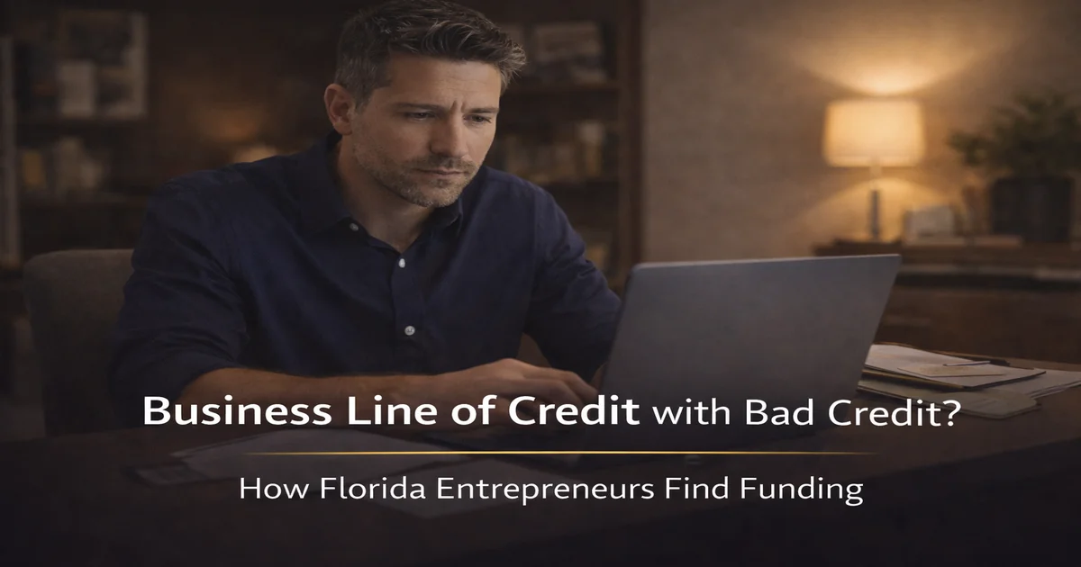 Florida business owner working on laptop in dark office reviewing business line of credit options