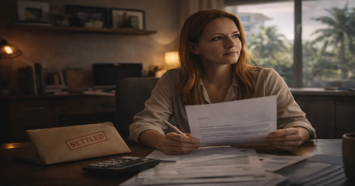 Florida woman reviewing financial documents with a settled debt envelope on her desk