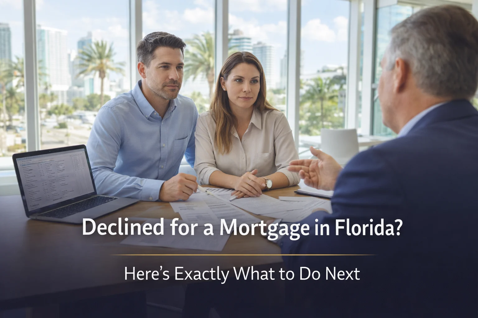 Couple meeting with mortgage advisor after being declined for a mortgage in Florida