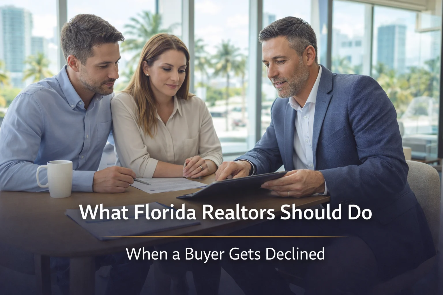 Florida realtor reviewing options with buyer couple after mortgage was declined