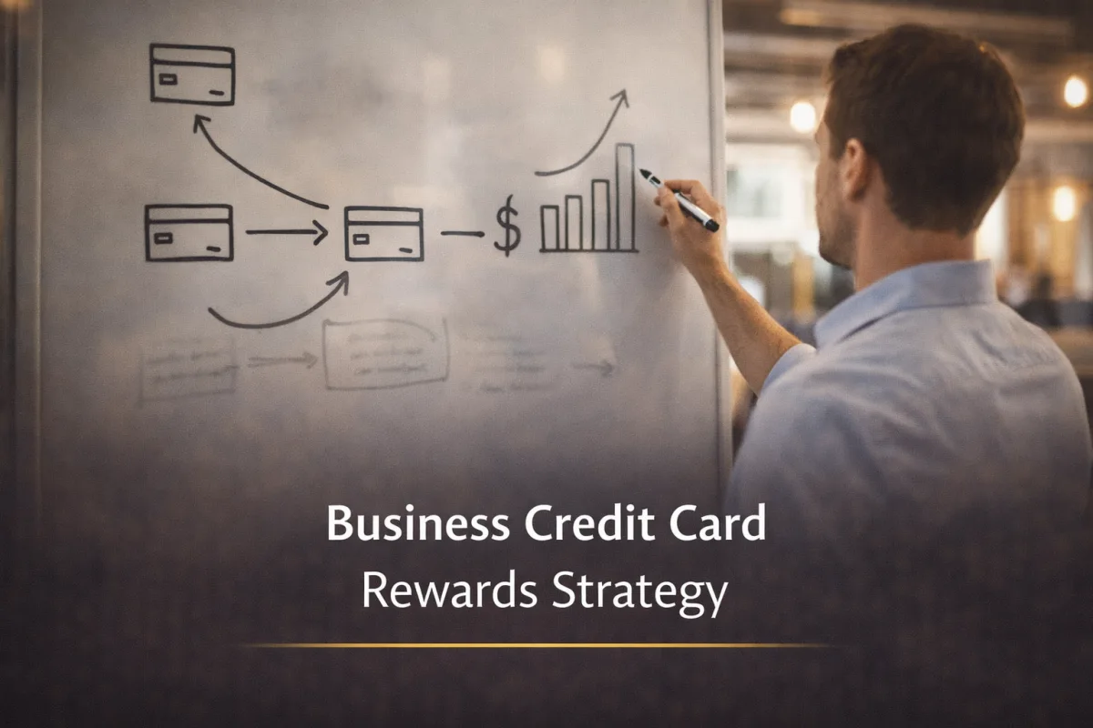 Entrepreneur planning business credit card rewards strategy on whiteboard