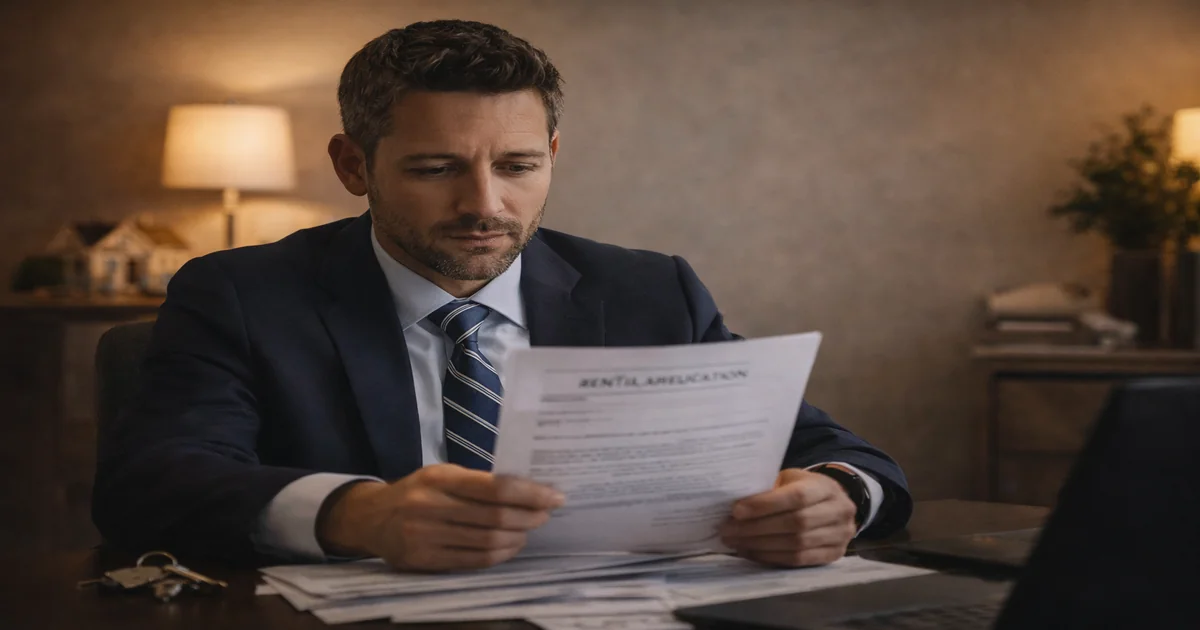 Florida property manager in suit reviewing rental application at his desk