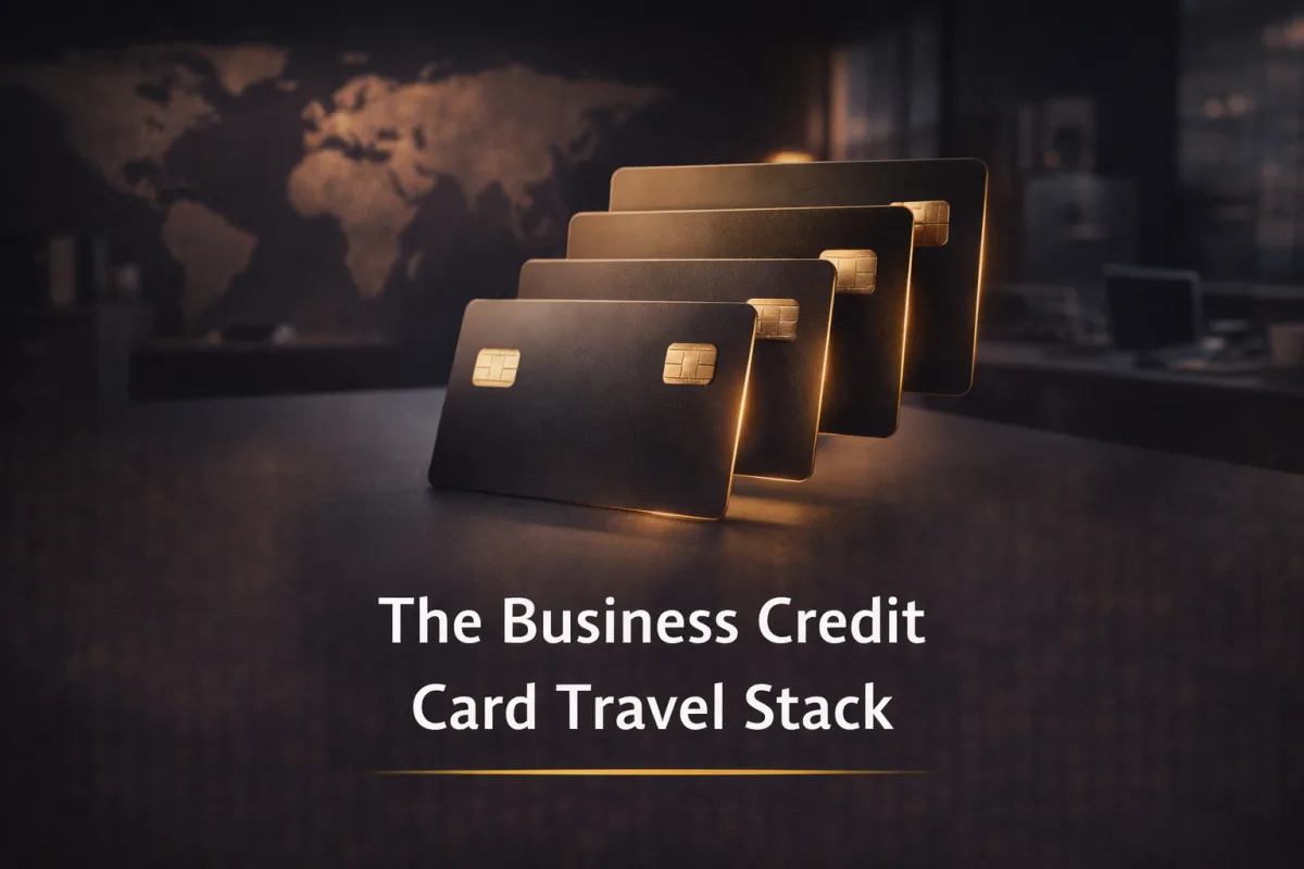 Four business credit cards stacked for a complete travel rewards strategy